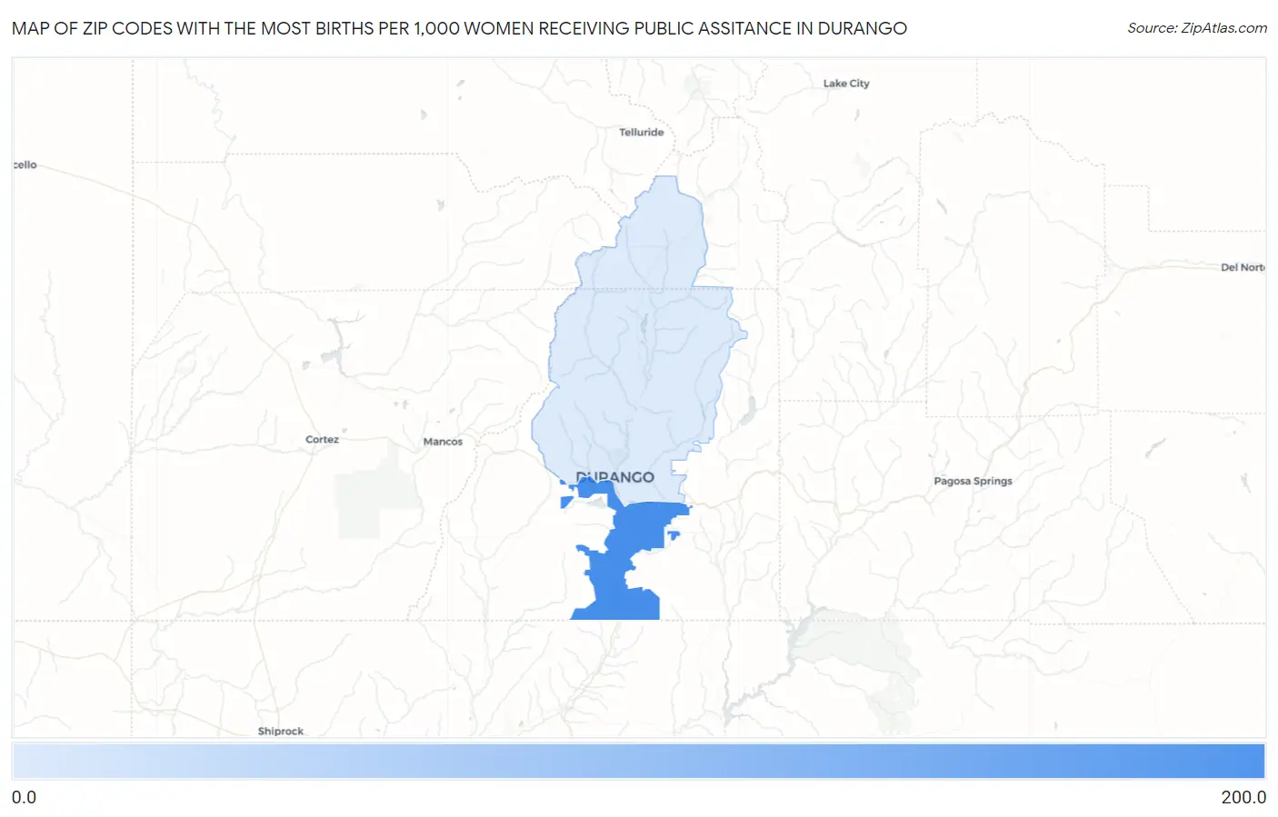 Zip Codes with the Most Births per 1,000 Women Receiving Public Assitance in Durango Map