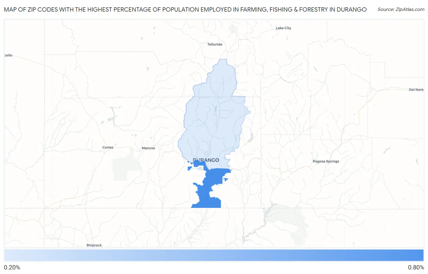 Zip Codes with the Highest Percentage of Population Employed in Farming, Fishing & Forestry in Durango Map