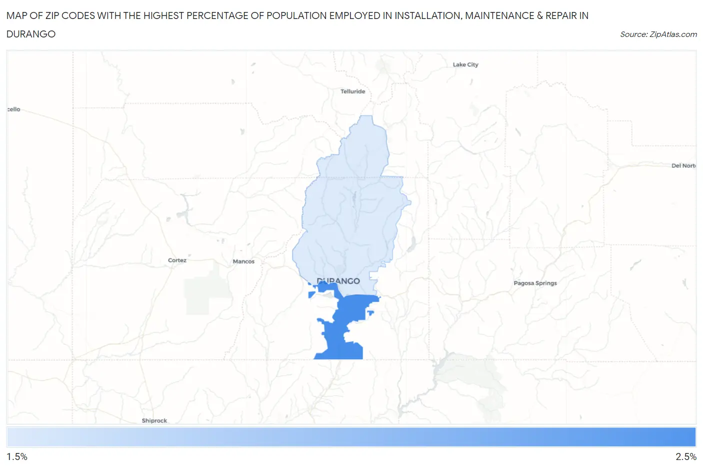 Zip Codes with the Highest Percentage of Population Employed in Installation, Maintenance & Repair in Durango Map