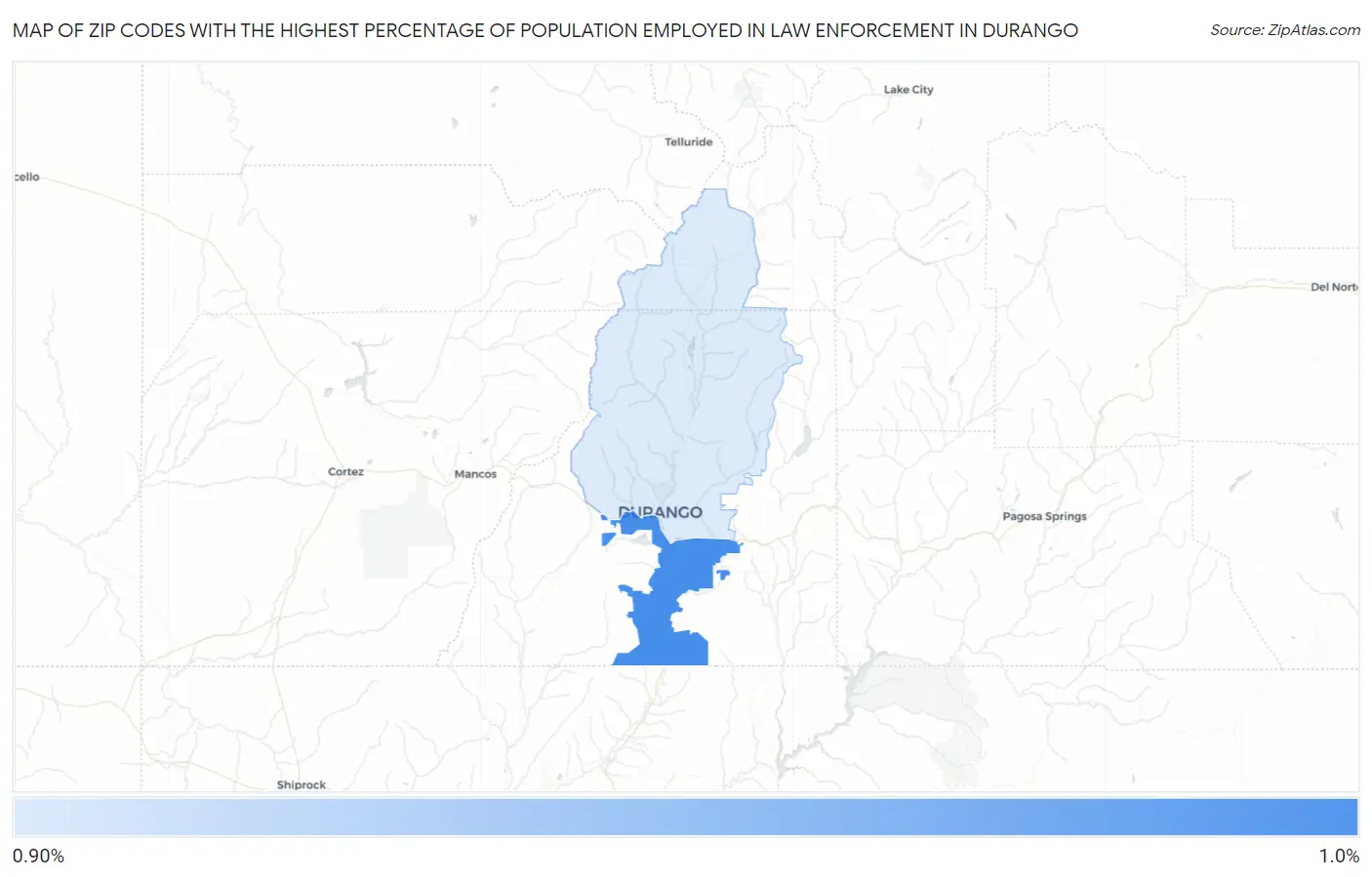 Zip Codes with the Highest Percentage of Population Employed in Law Enforcement in Durango Map