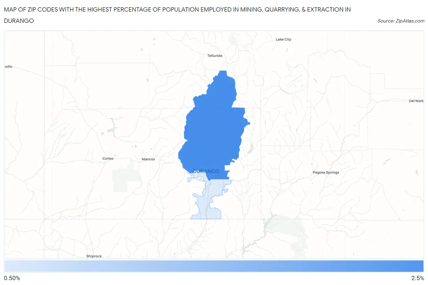 Zip Codes with the Highest Percentage of Population Employed in Mining, Quarrying, & Extraction in Durango Map