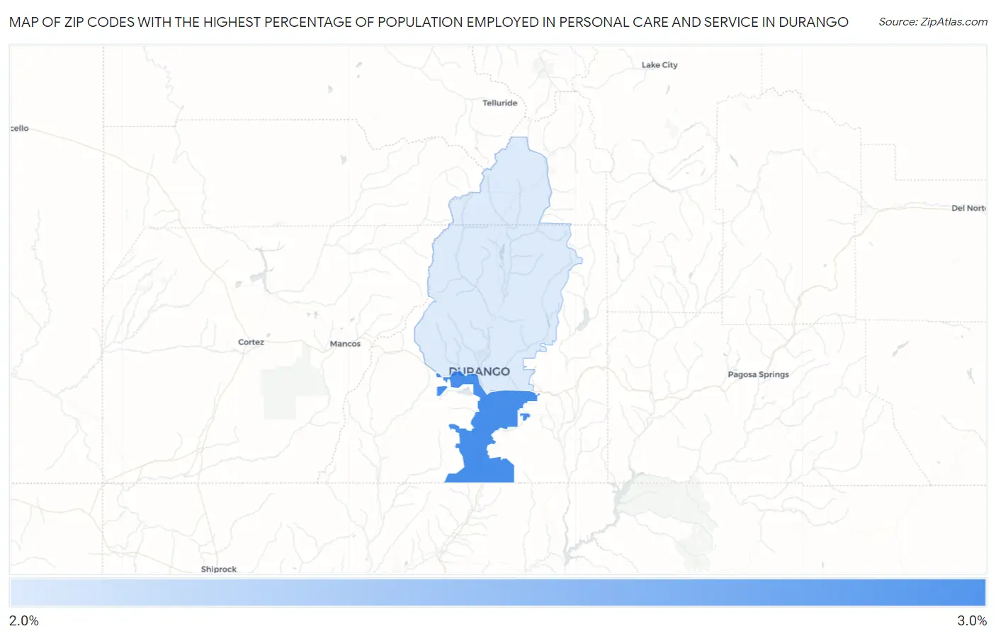 Zip Codes with the Highest Percentage of Population Employed in Personal Care and Service in Durango Map