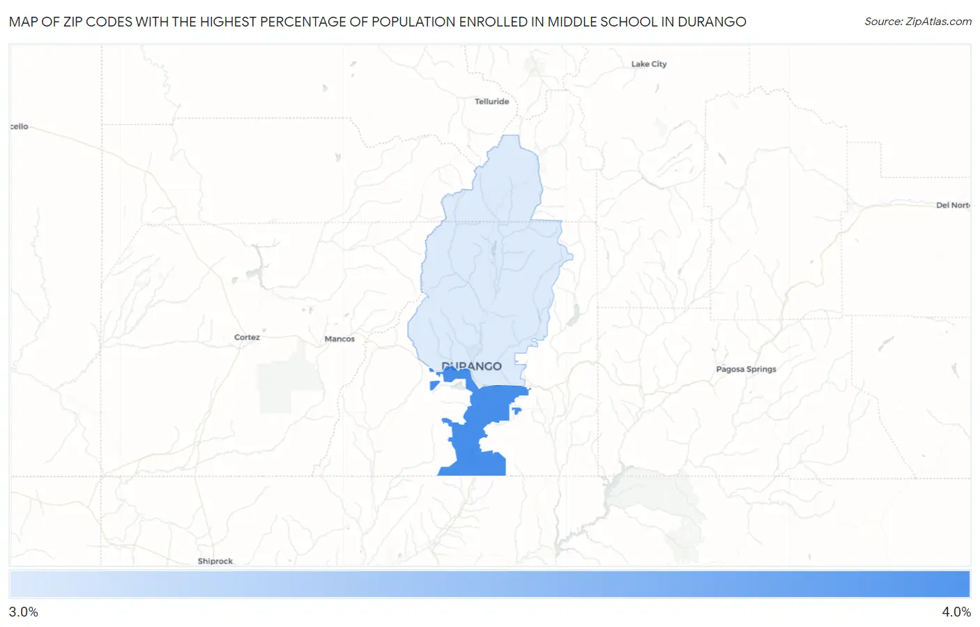 Zip Codes with the Highest Percentage of Population Enrolled in Middle School in Durango Map