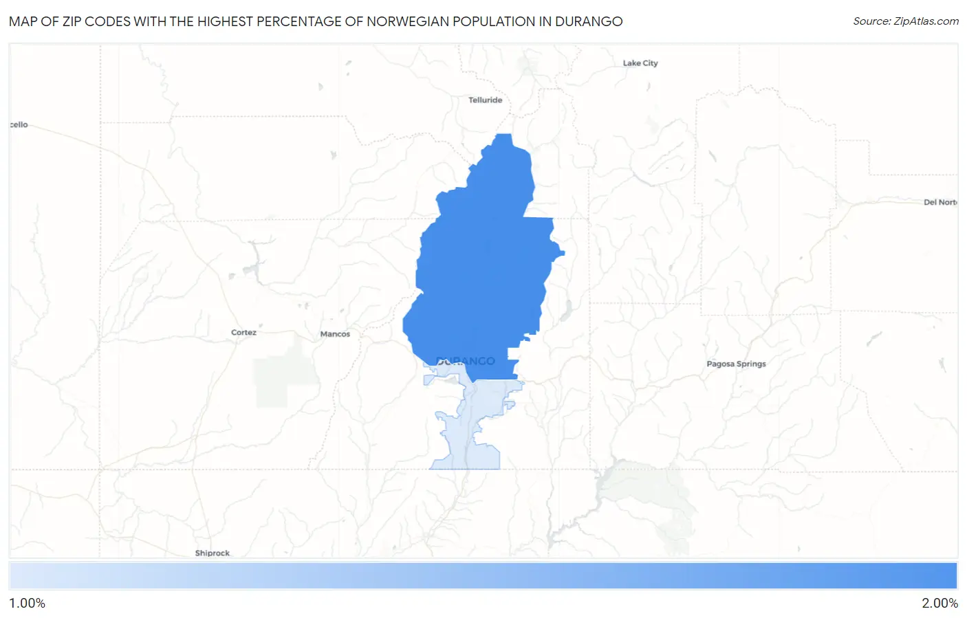 Zip Codes with the Highest Percentage of Norwegian Population in Durango Map