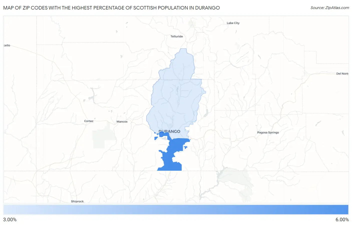 Zip Codes with the Highest Percentage of Scottish Population in Durango Map