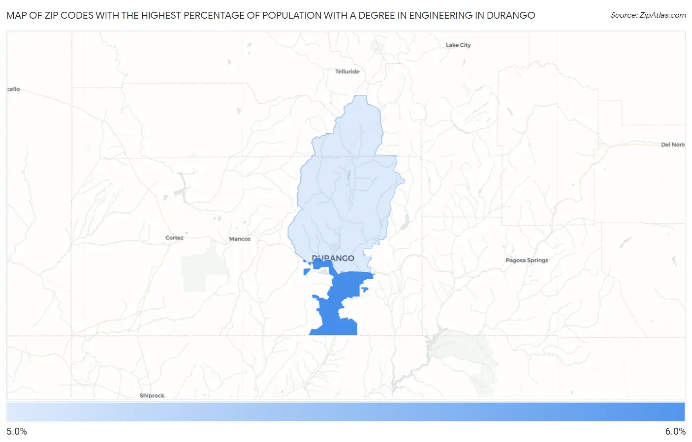 Zip Codes with the Highest Percentage of Population with a Degree in Engineering in Durango Map