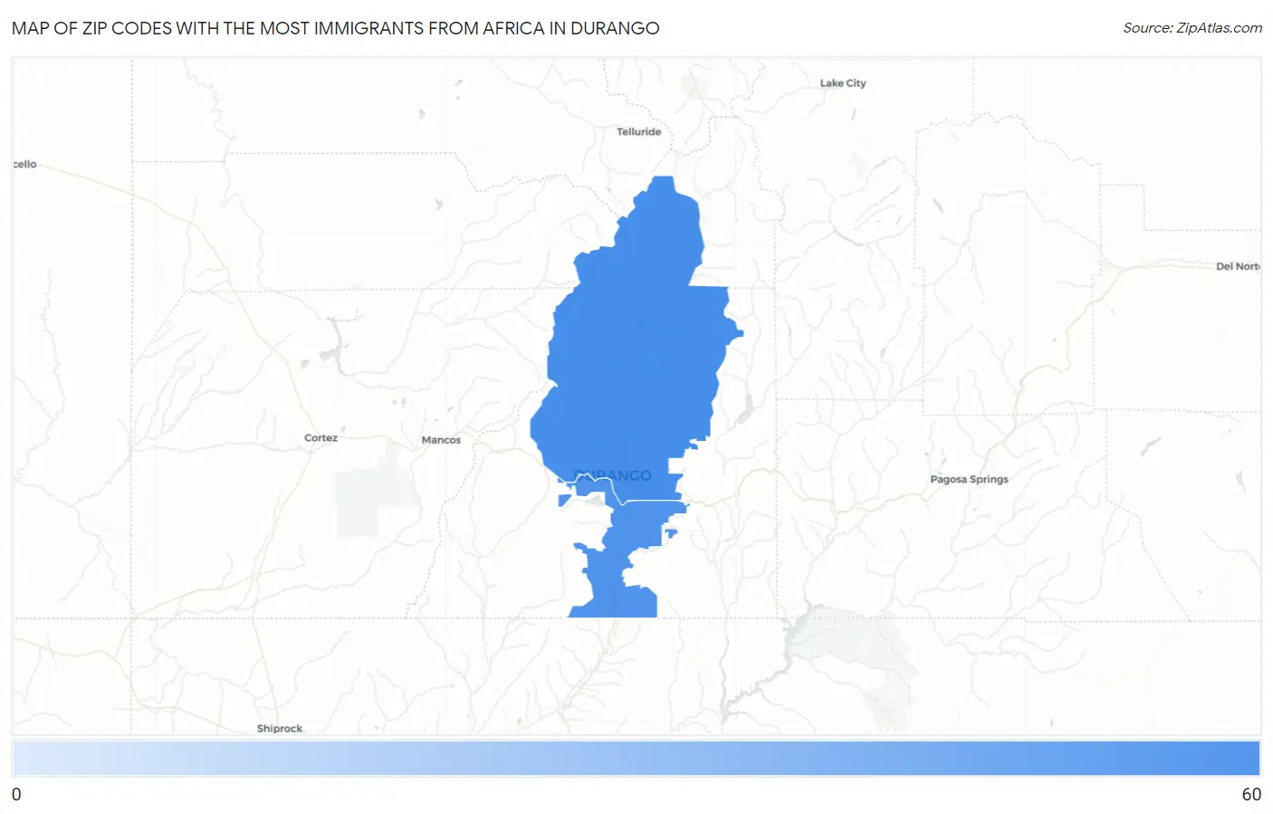 Zip Codes with the Most Immigrants from Africa in Durango Map