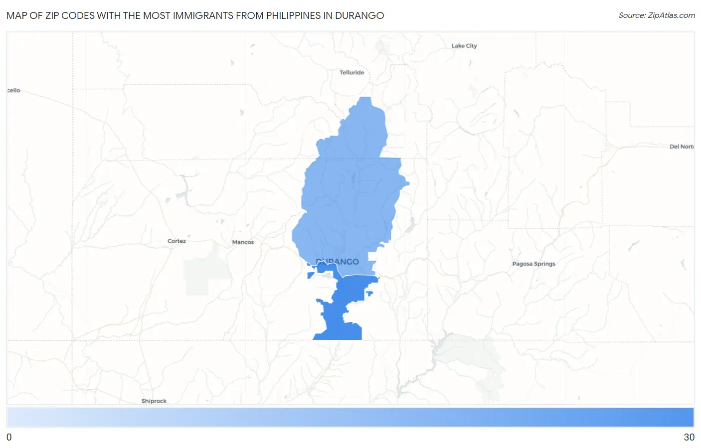Zip Codes with the Most Immigrants from Philippines in Durango Map