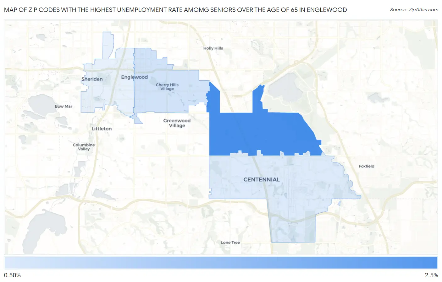 Zip Codes with the Highest Unemployment Rate Amomg Seniors Over the Age of 65 in Englewood Map