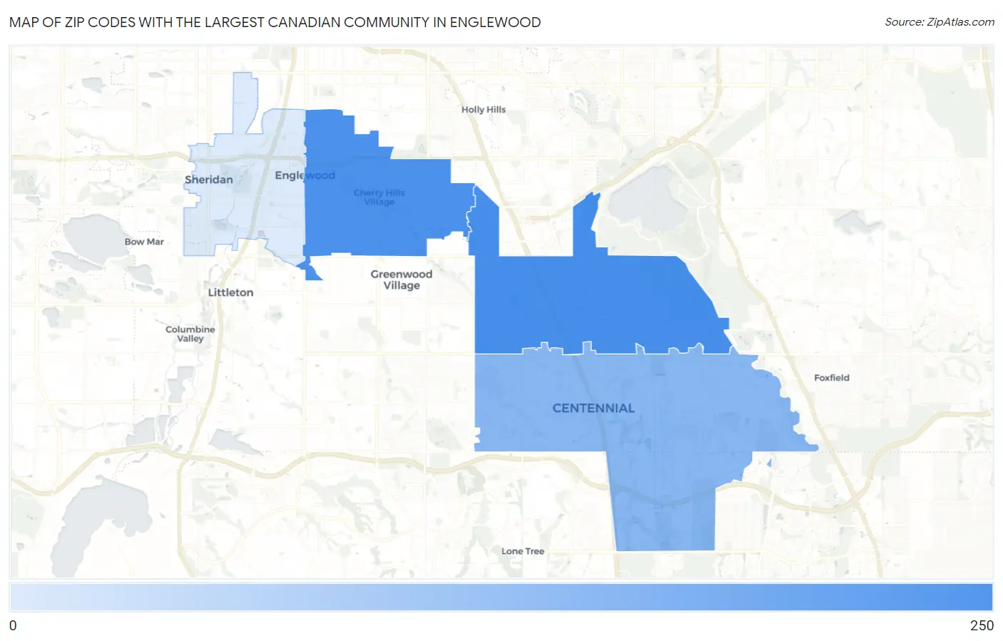 Zip Codes with the Largest Canadian Community in Englewood Map