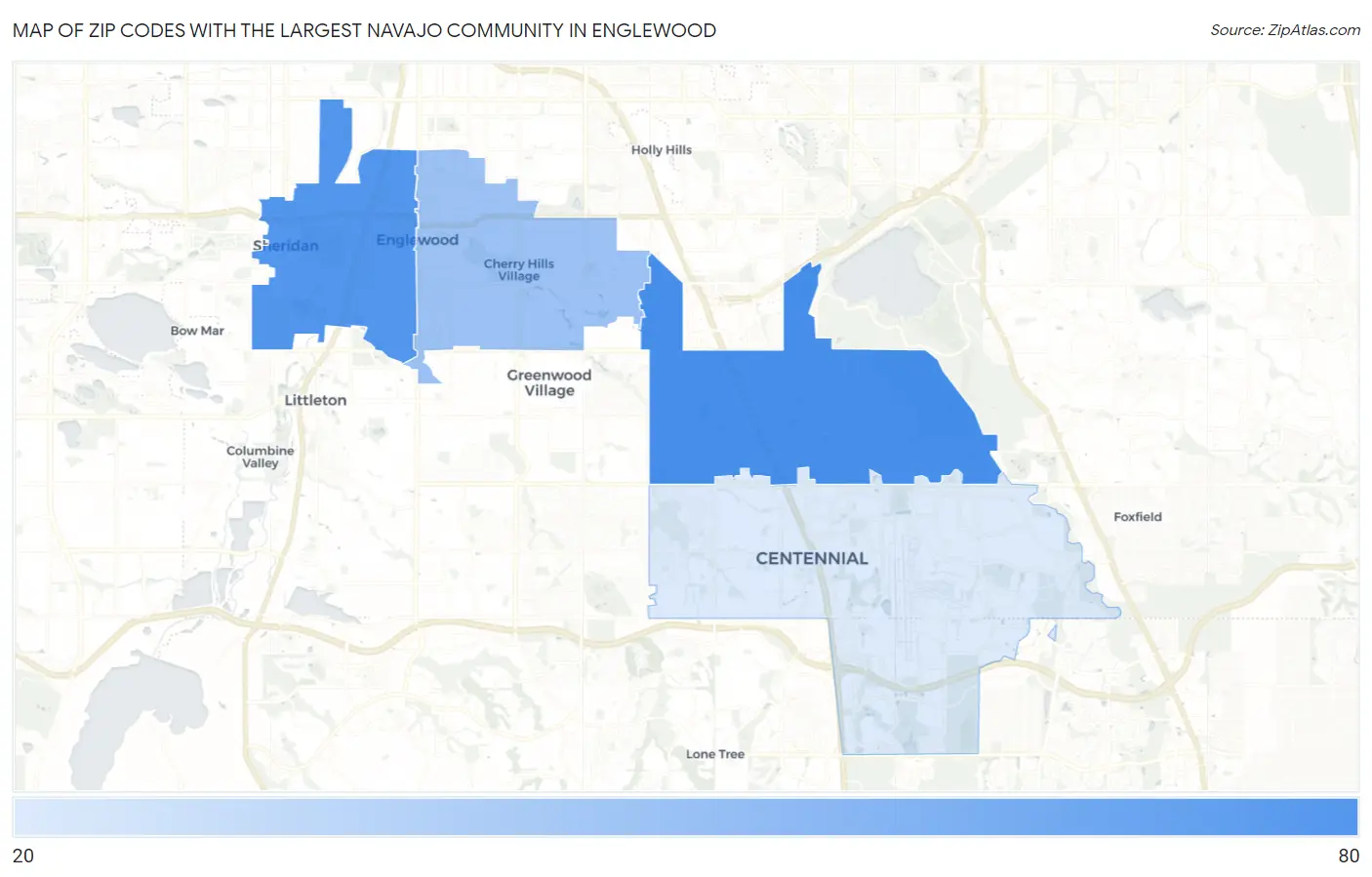 Zip Codes with the Largest Navajo Community in Englewood Map