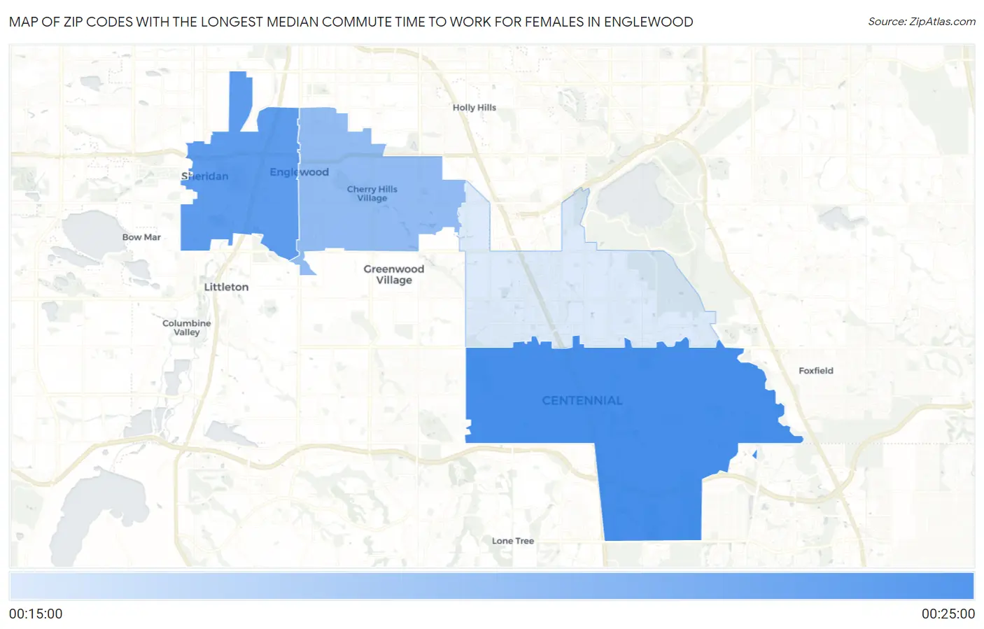 Zip Codes with the Longest Median Commute Time to Work for Females in Englewood Map