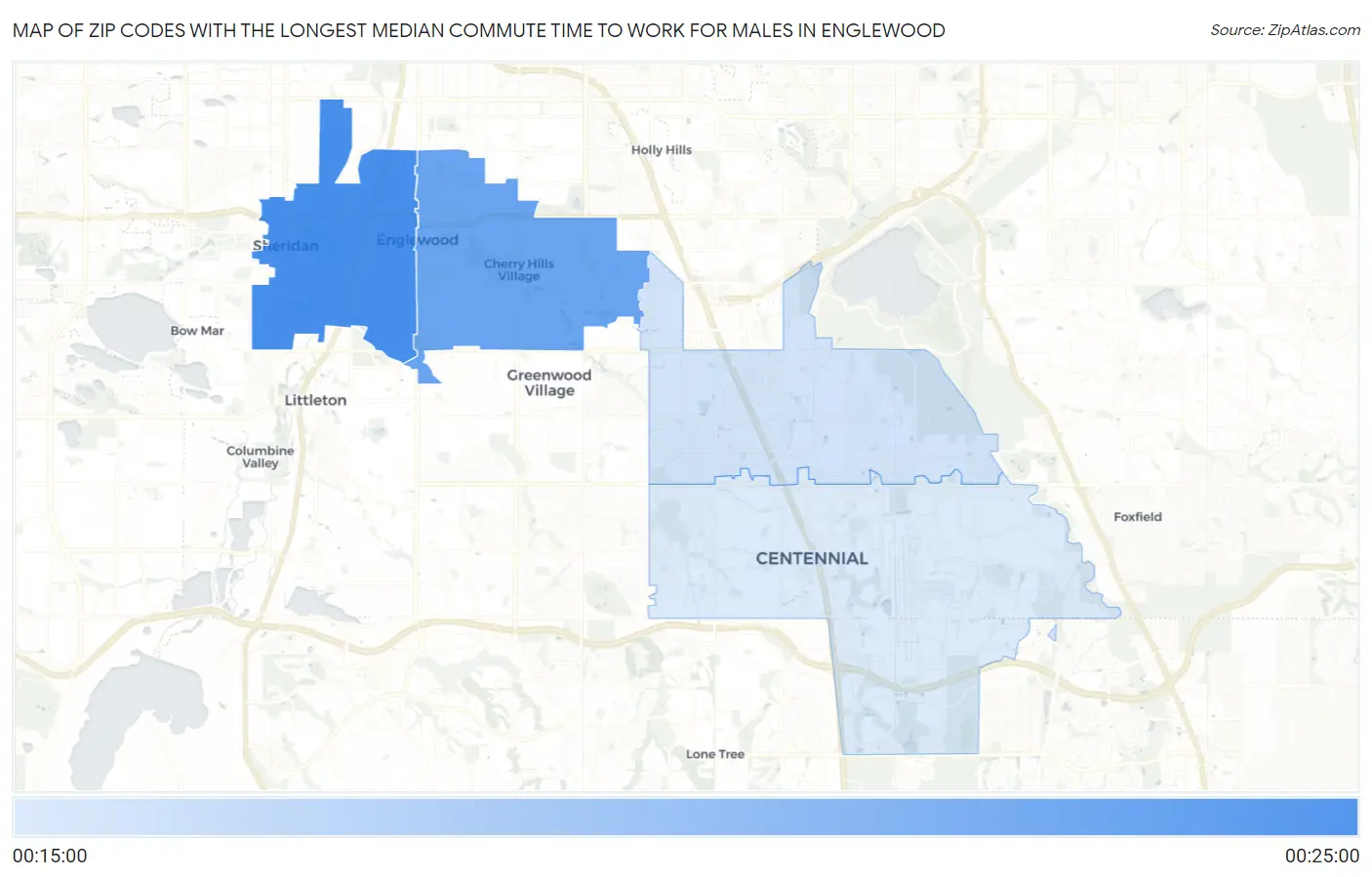 Zip Codes with the Longest Median Commute Time to Work for Males in Englewood Map