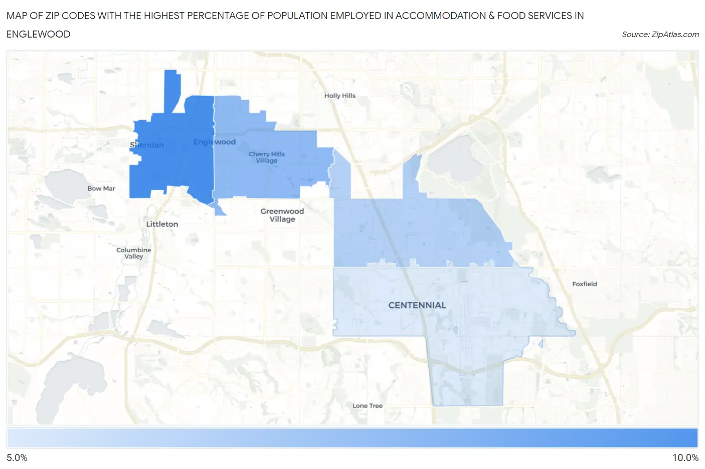Zip Codes with the Highest Percentage of Population Employed in Accommodation & Food Services in Englewood Map