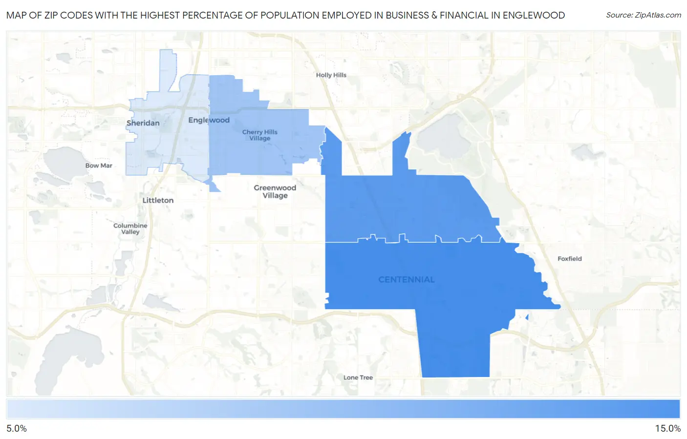 Zip Codes with the Highest Percentage of Population Employed in Business & Financial in Englewood Map