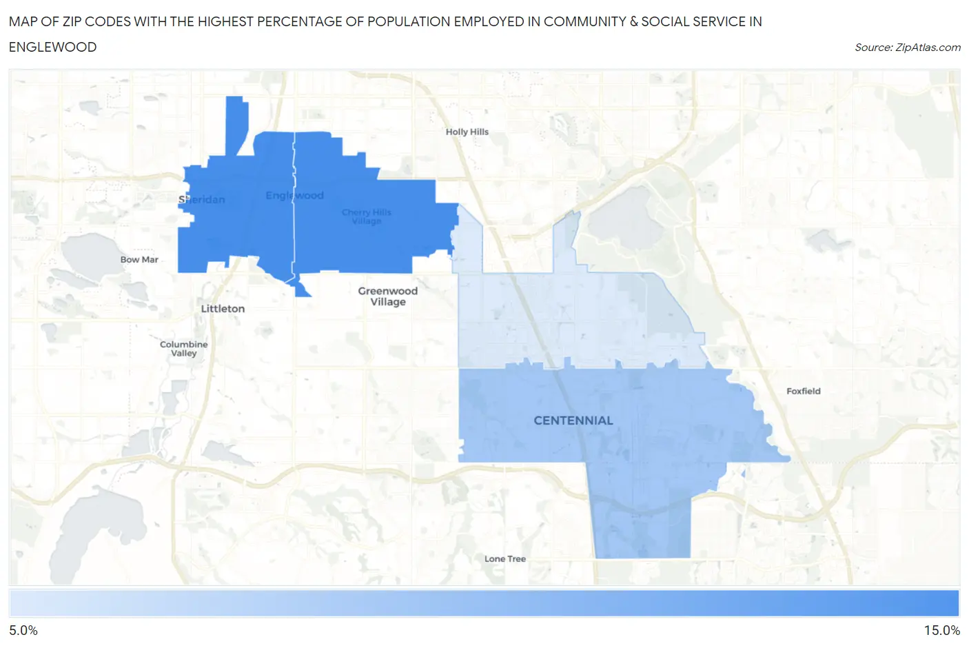 Zip Codes with the Highest Percentage of Population Employed in Community & Social Service  in Englewood Map