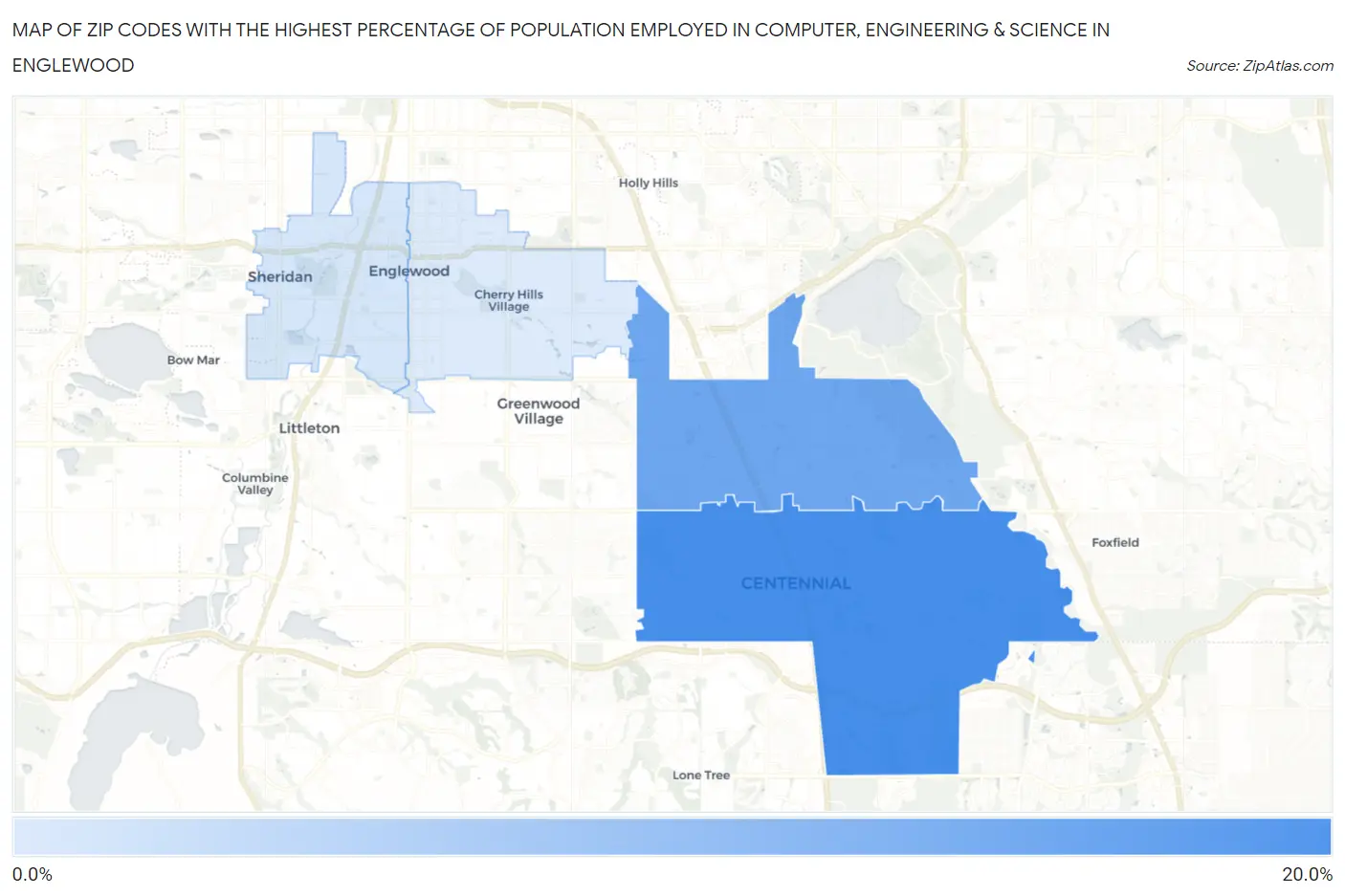 Zip Codes with the Highest Percentage of Population Employed in Computer, Engineering & Science in Englewood Map