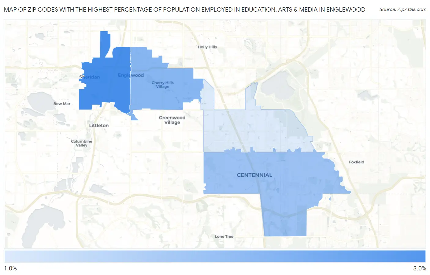 Zip Codes with the Highest Percentage of Population Employed in Education, Arts & Media in Englewood Map