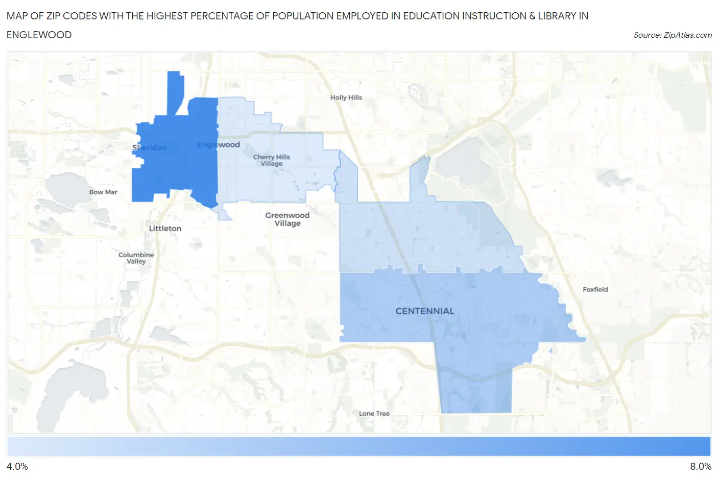 Zip Codes with the Highest Percentage of Population Employed in Education Instruction & Library in Englewood Map