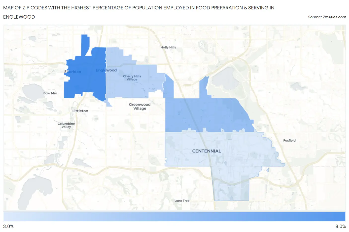 Zip Codes with the Highest Percentage of Population Employed in Food Preparation & Serving in Englewood Map