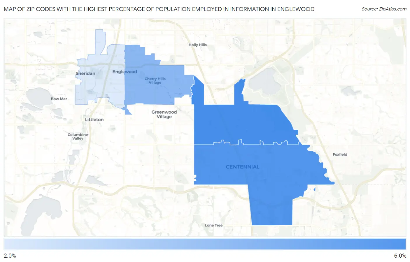 Zip Codes with the Highest Percentage of Population Employed in Information in Englewood Map