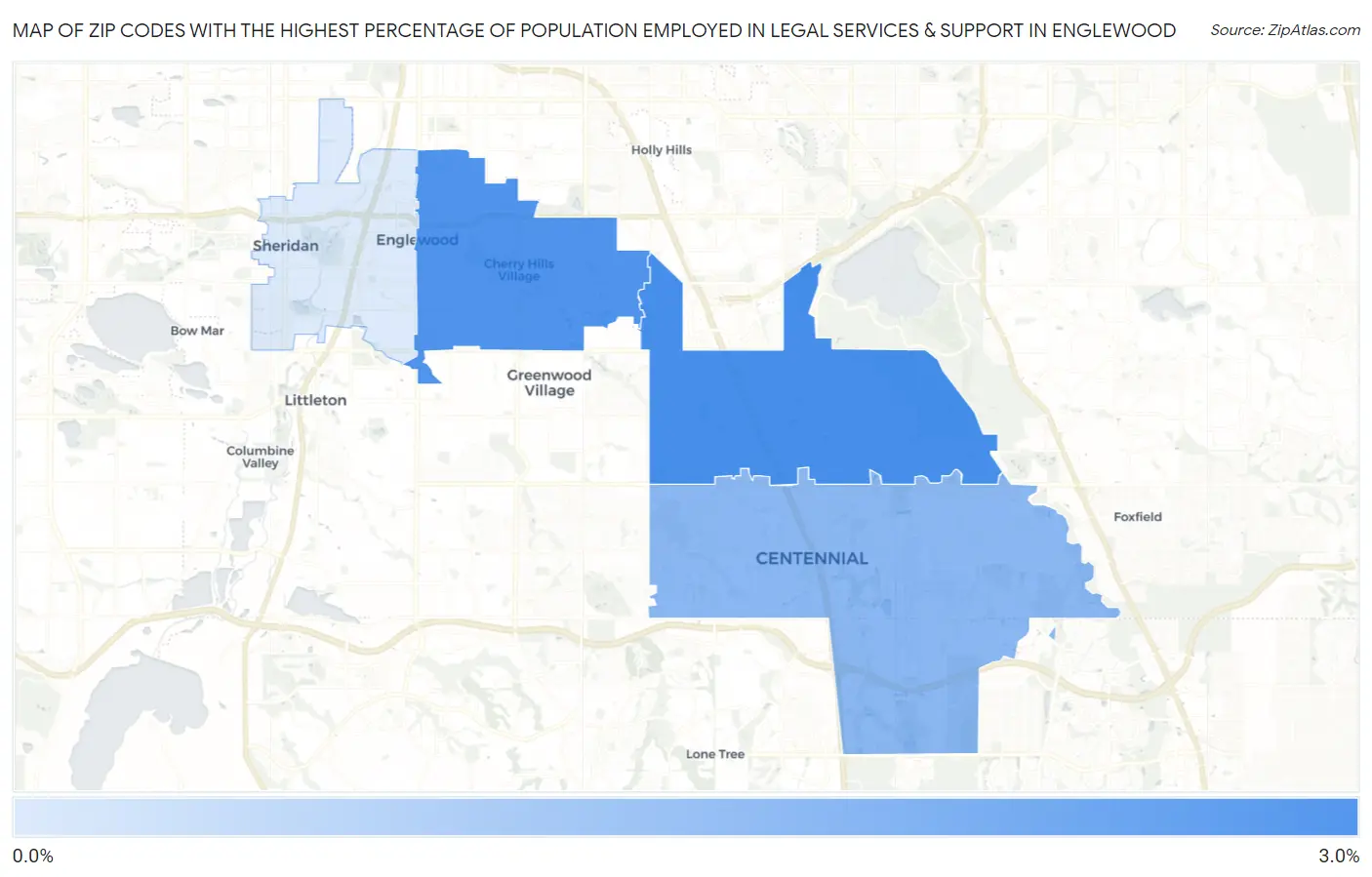 Zip Codes with the Highest Percentage of Population Employed in Legal Services & Support in Englewood Map