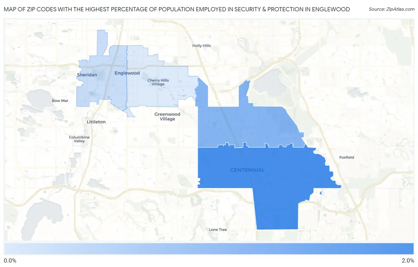 Zip Codes with the Highest Percentage of Population Employed in Security & Protection in Englewood Map