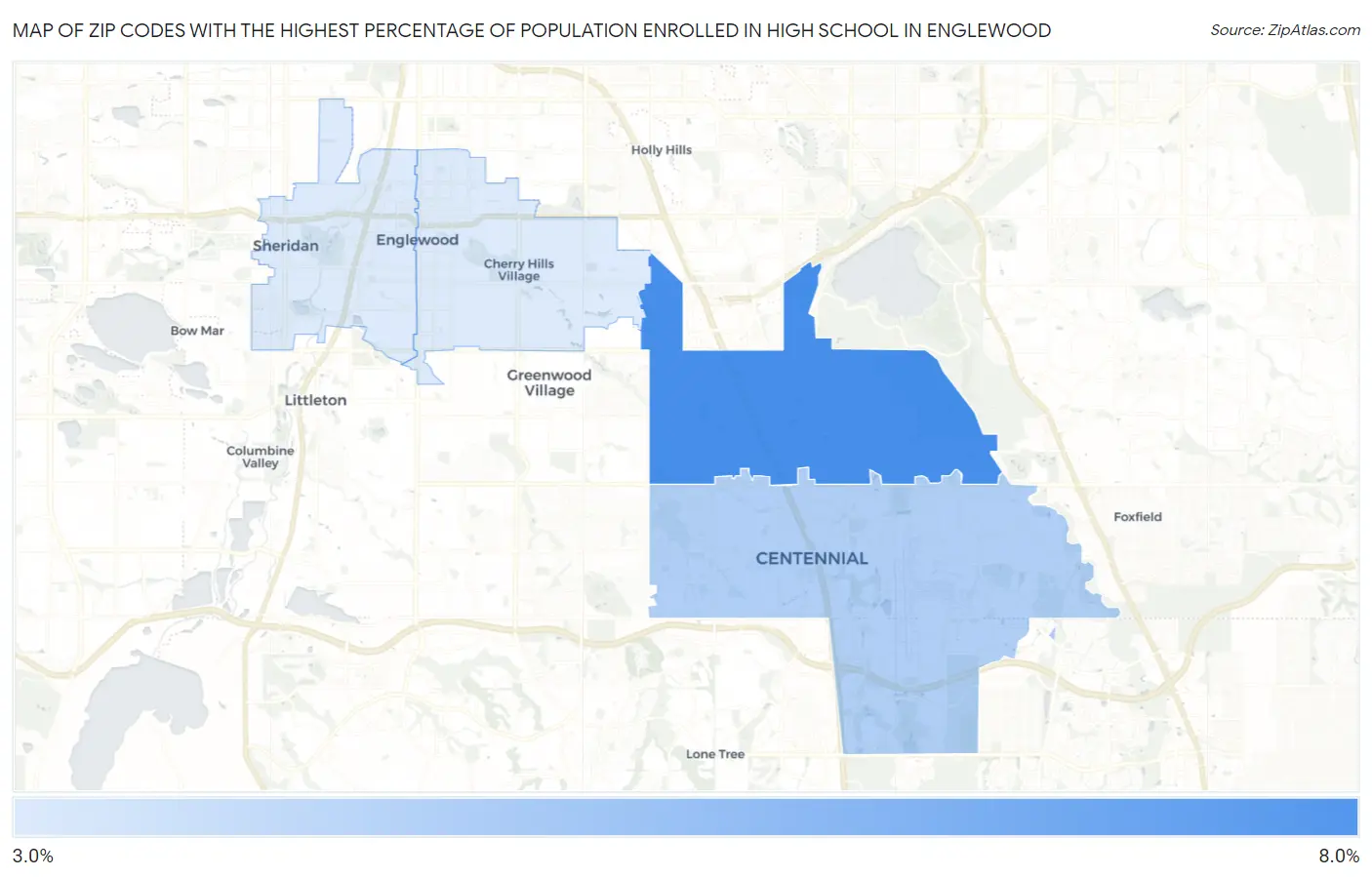 Zip Codes with the Highest Percentage of Population Enrolled in High School in Englewood Map
