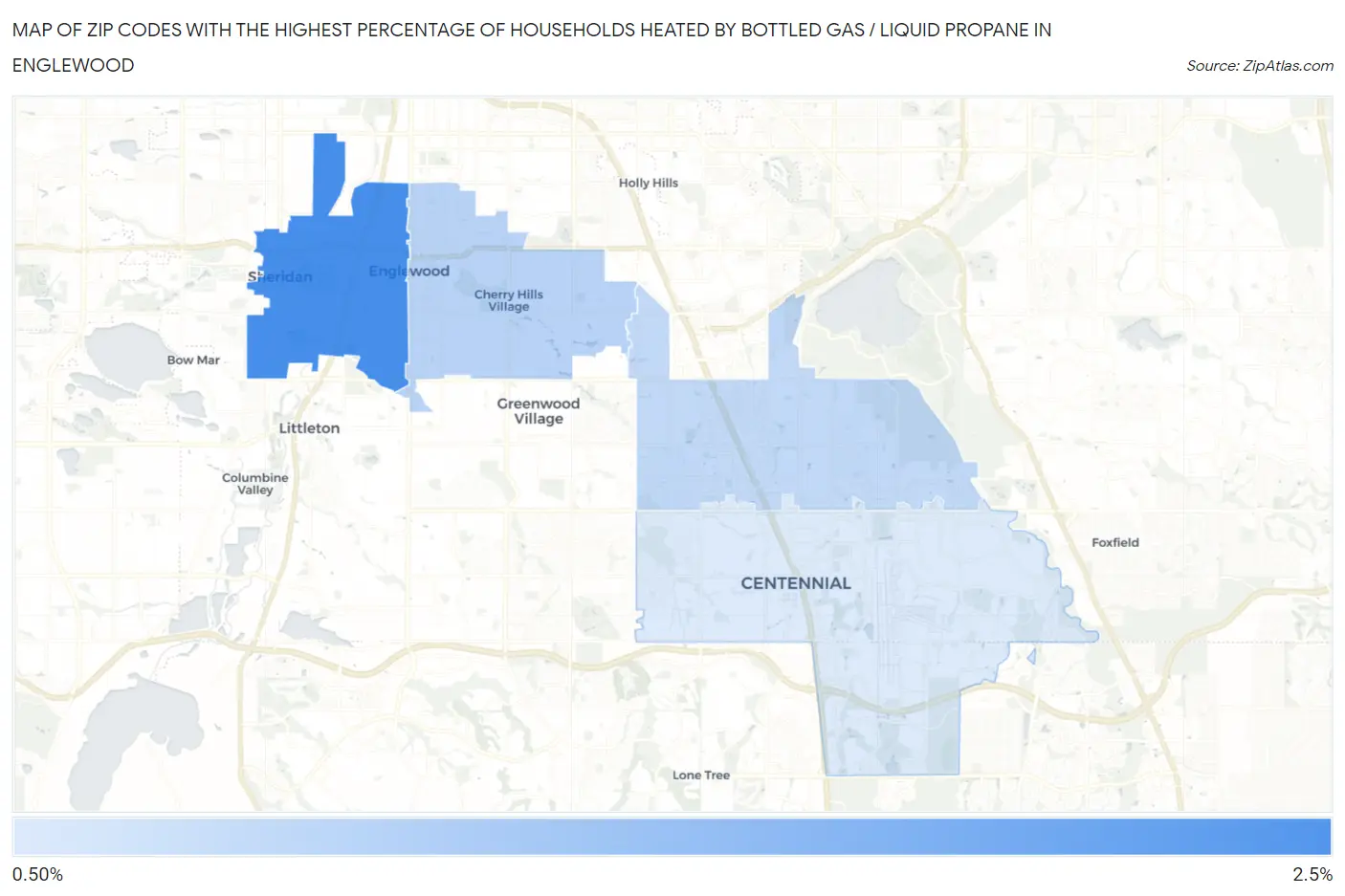 Zip Codes with the Highest Percentage of Households Heated by Bottled Gas / Liquid Propane in Englewood Map
