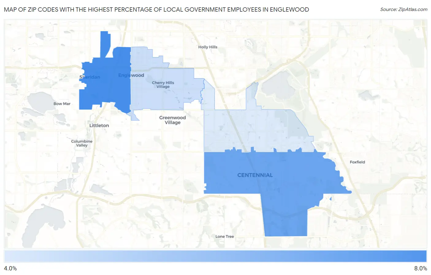 Zip Codes with the Highest Percentage of Local Government Employees in Englewood Map
