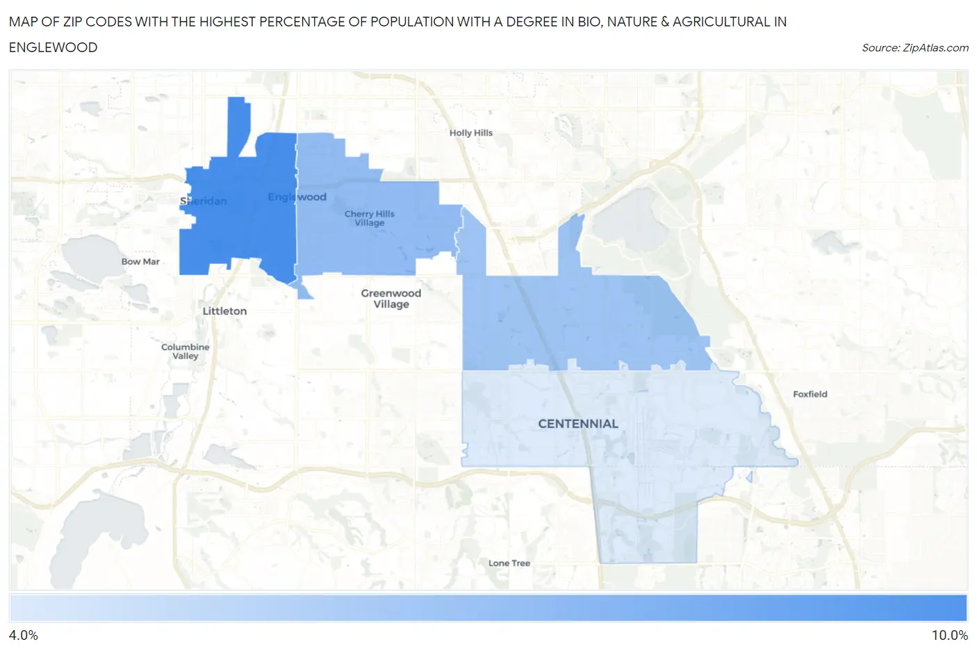 Zip Codes with the Highest Percentage of Population with a Degree in Bio, Nature & Agricultural in Englewood Map