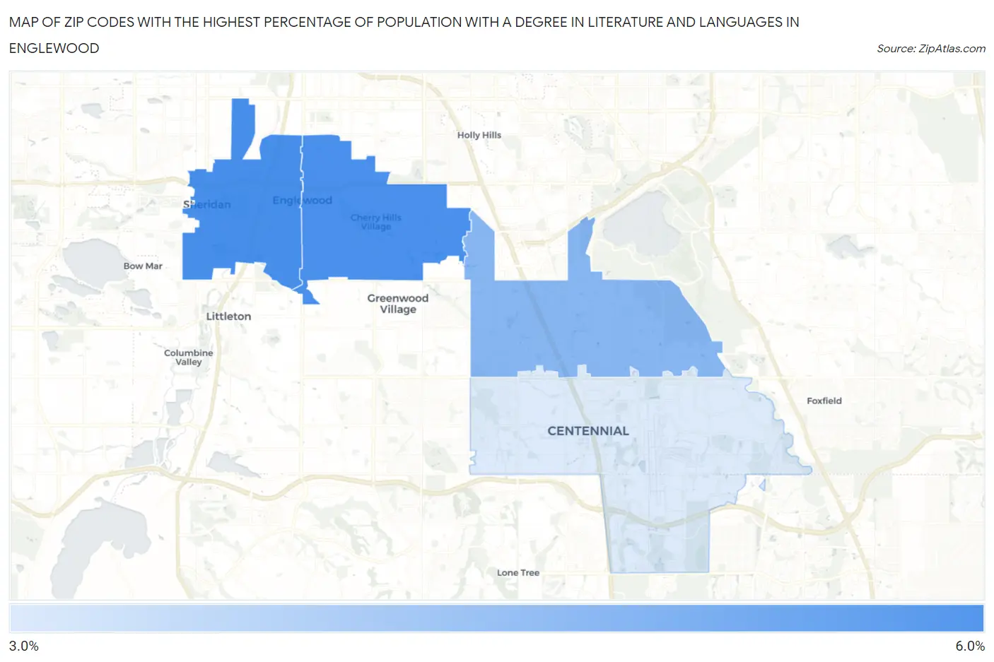 Zip Codes with the Highest Percentage of Population with a Degree in Literature and Languages in Englewood Map