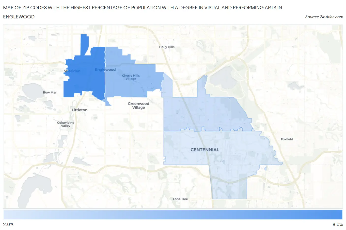 Zip Codes with the Highest Percentage of Population with a Degree in Visual and Performing Arts in Englewood Map