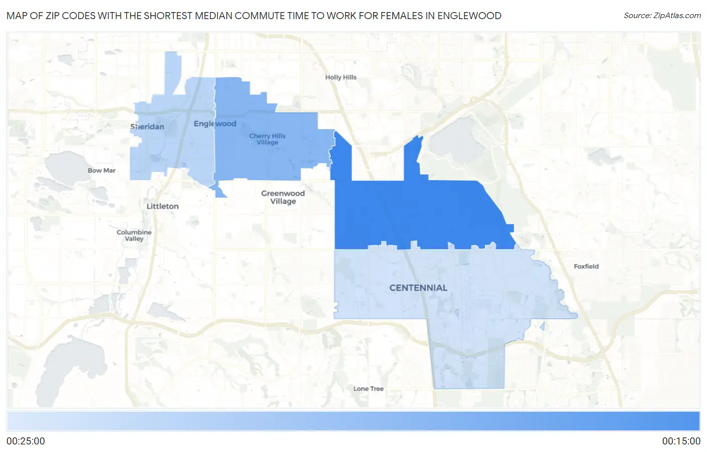 Zip Codes with the Shortest Median Commute Time to Work for Females in Englewood Map