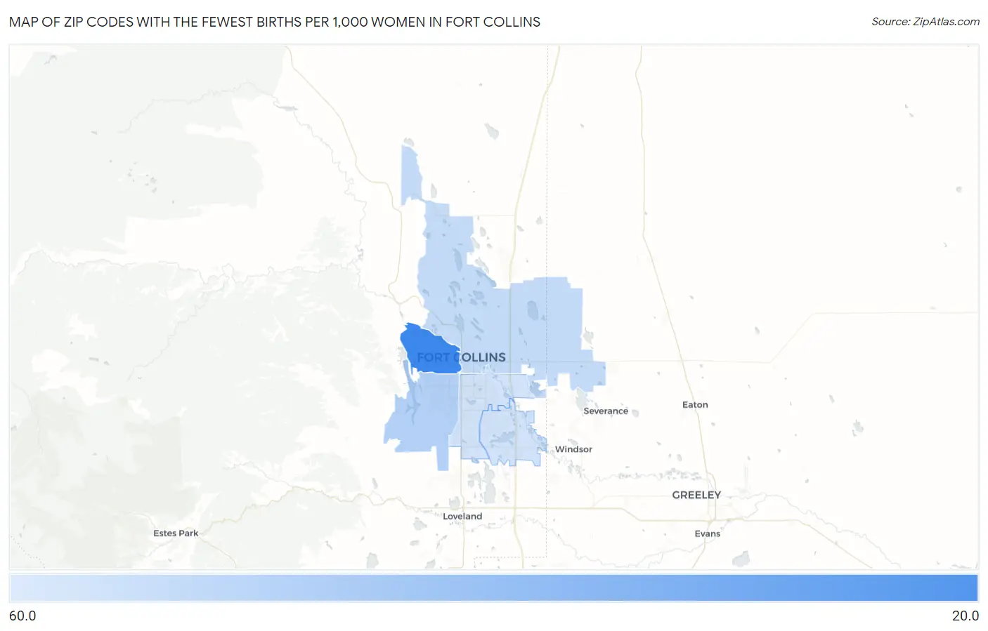 Zip Codes with the Fewest Births per 1,000 Women in Fort Collins Map