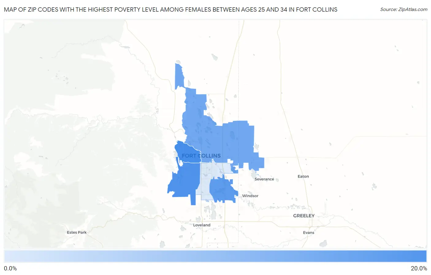 Zip Codes with the Highest Poverty Level Among Females Between Ages 25 and 34 in Fort Collins Map