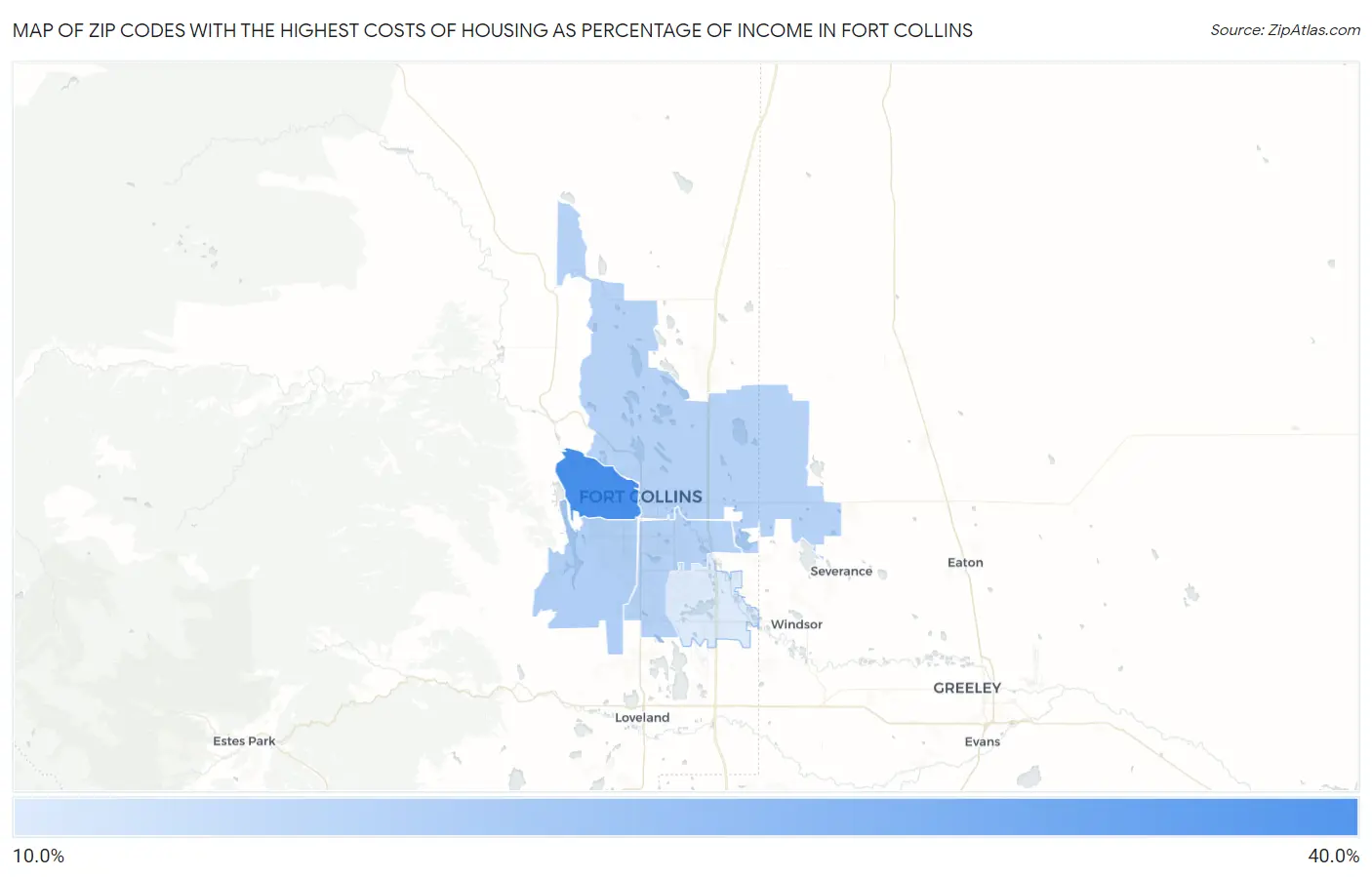 Zip Codes with the Highest Costs of Housing as Percentage of Income in Fort Collins Map