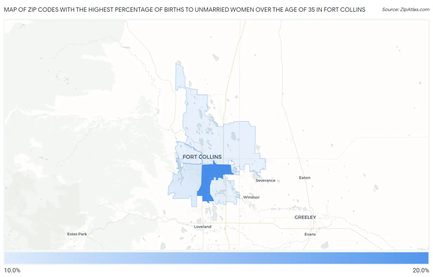 Zip Codes with the Highest Percentage of Births to Unmarried Women over the Age of 35 in Fort Collins Map