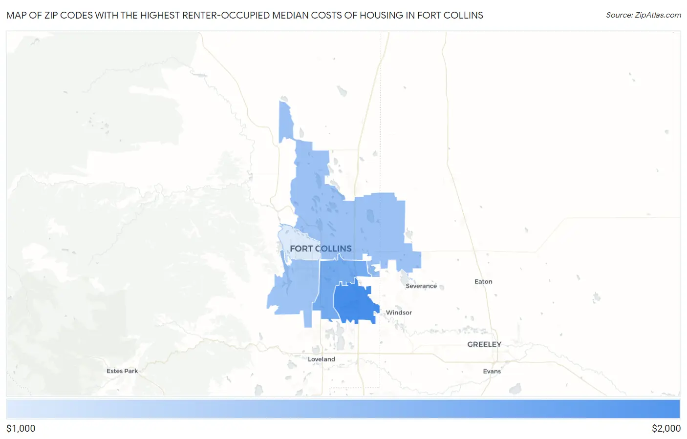 Zip Codes with the Highest Renter-Occupied Median Costs of Housing in Fort Collins Map