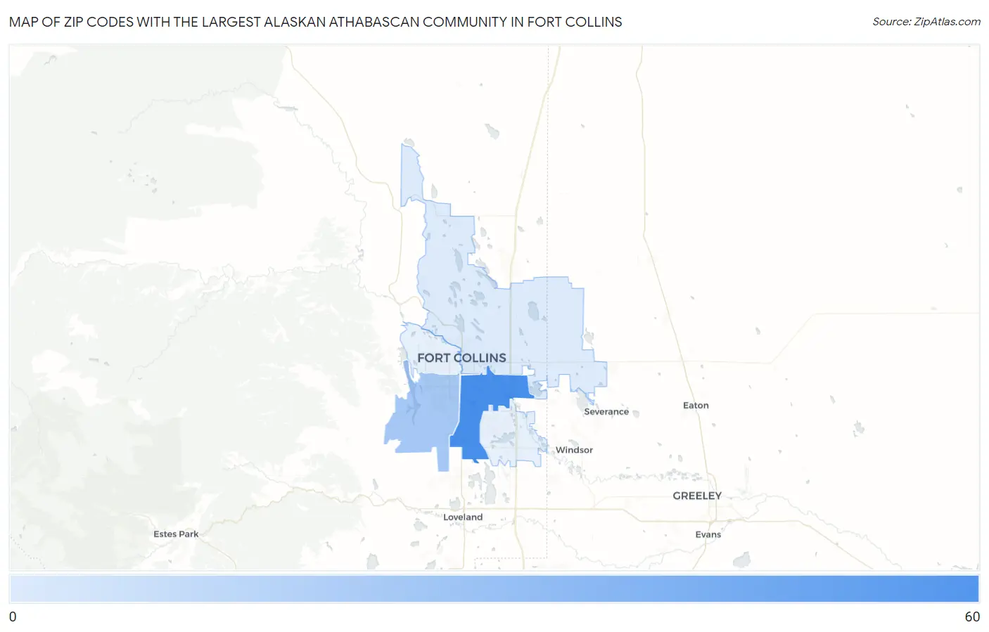 Zip Codes with the Largest Alaskan Athabascan Community in Fort Collins Map