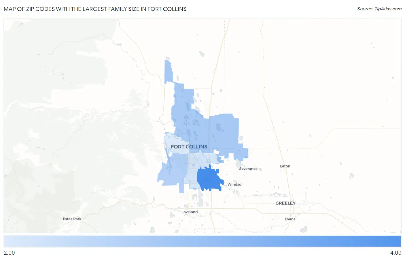Zip Codes with the Largest Family Size in Fort Collins Map