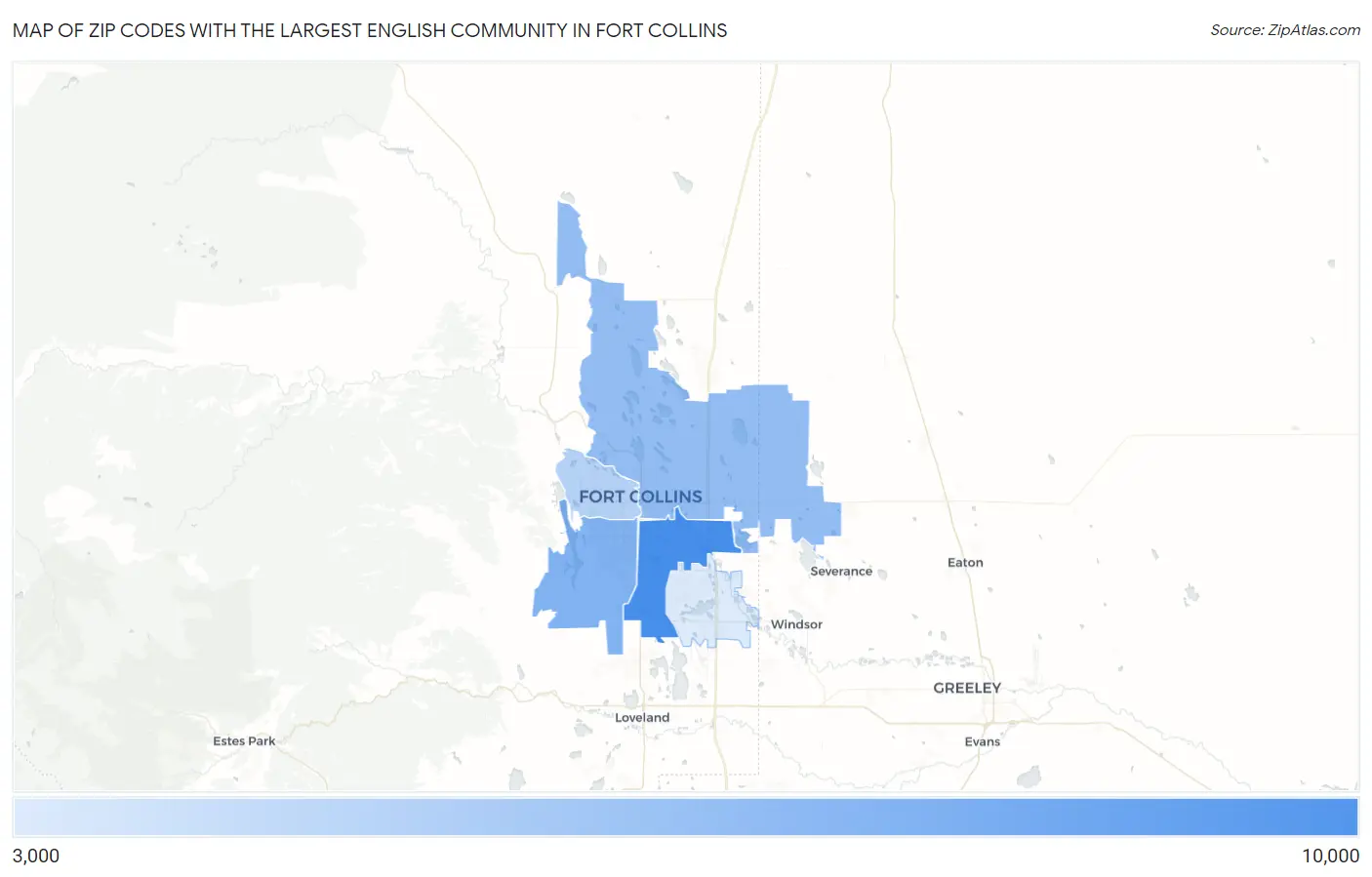 Zip Codes with the Largest English Community in Fort Collins Map