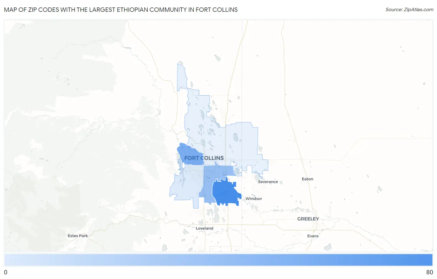 Zip Codes with the Largest Ethiopian Community in Fort Collins Map