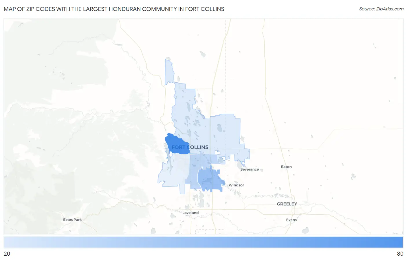 Zip Codes with the Largest Honduran Community in Fort Collins Map