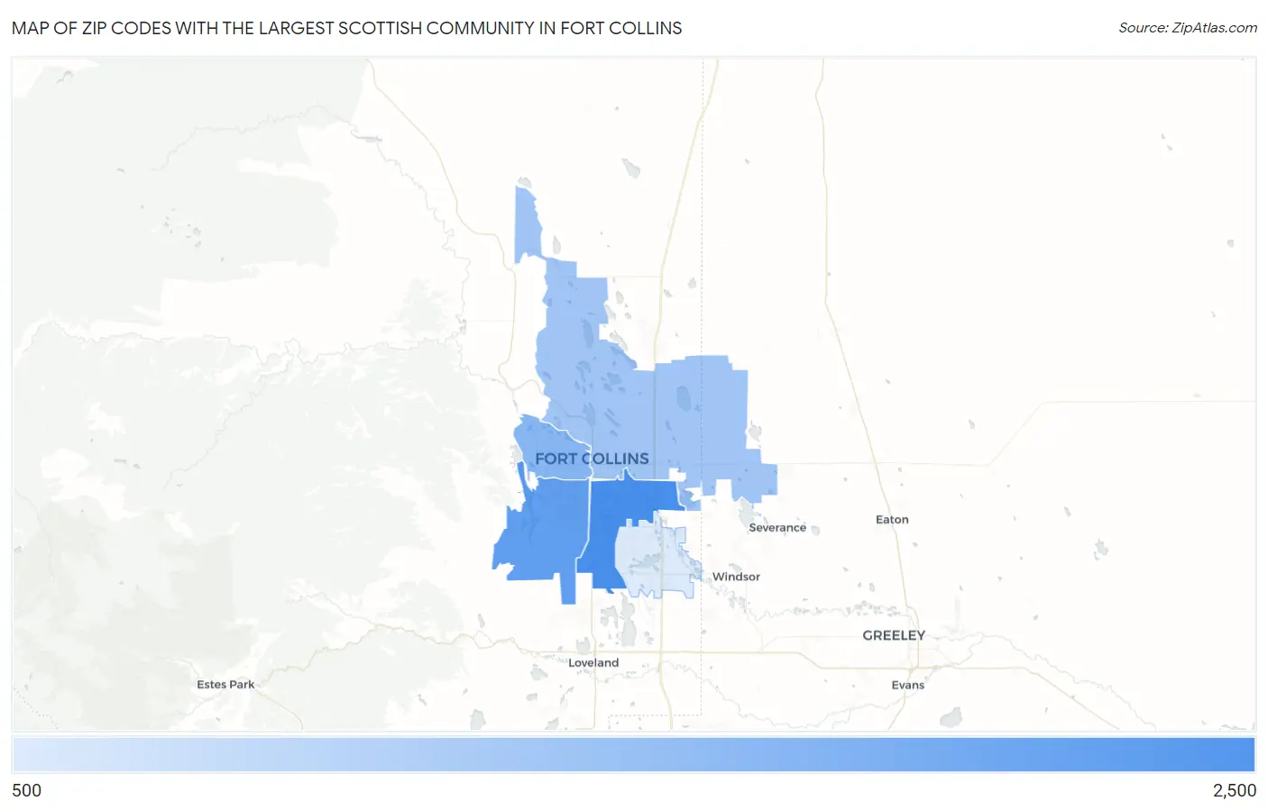 Zip Codes with the Largest Scottish Community in Fort Collins Map