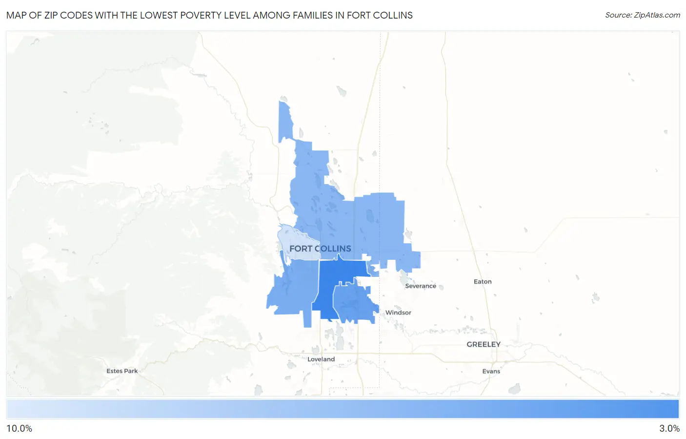 Zip Codes with the Lowest Poverty Level Among Families in Fort Collins Map