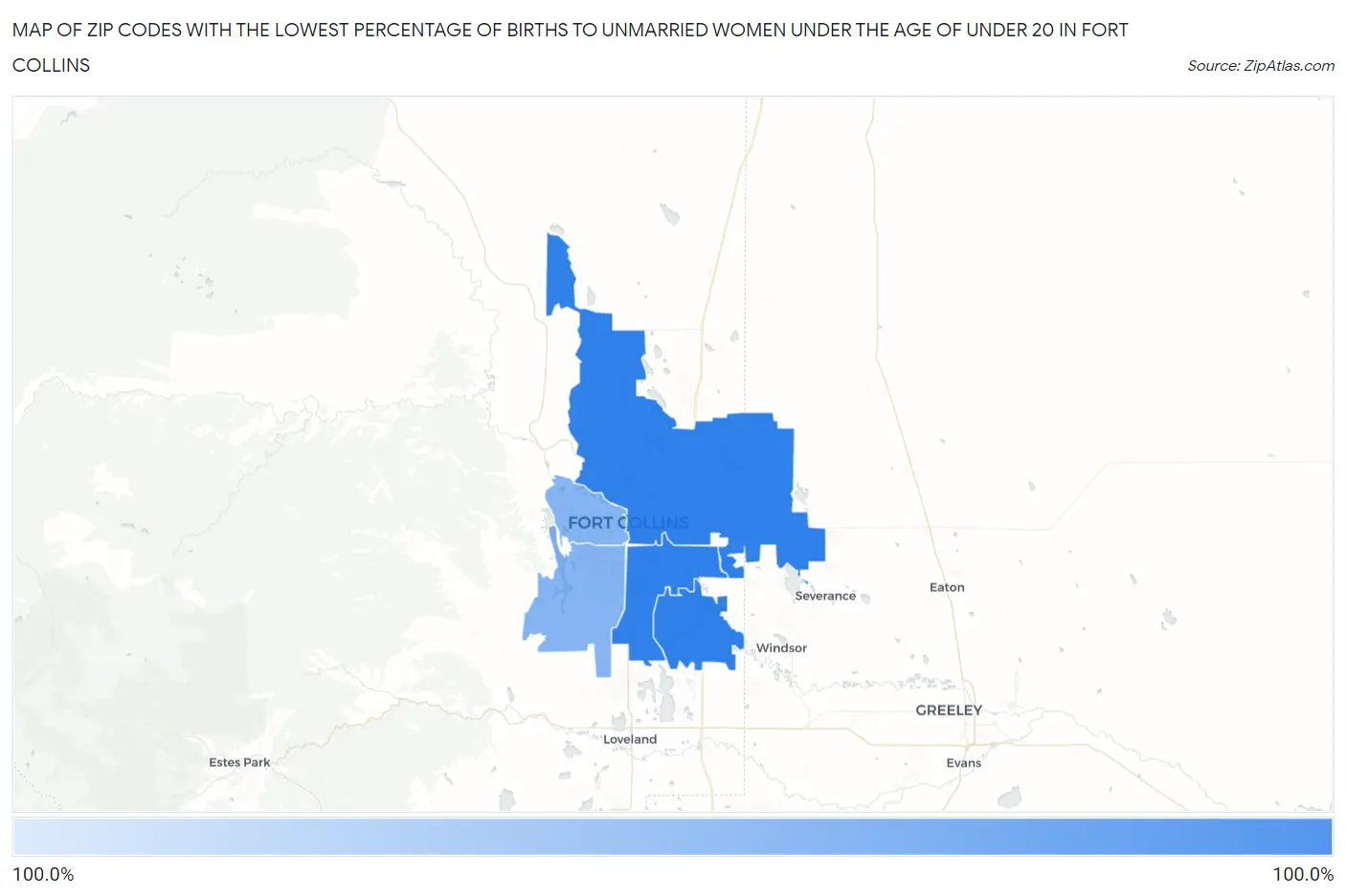 Zip Codes with the Lowest Percentage of Births to Unmarried Women under the Age of under 20 in Fort Collins Map