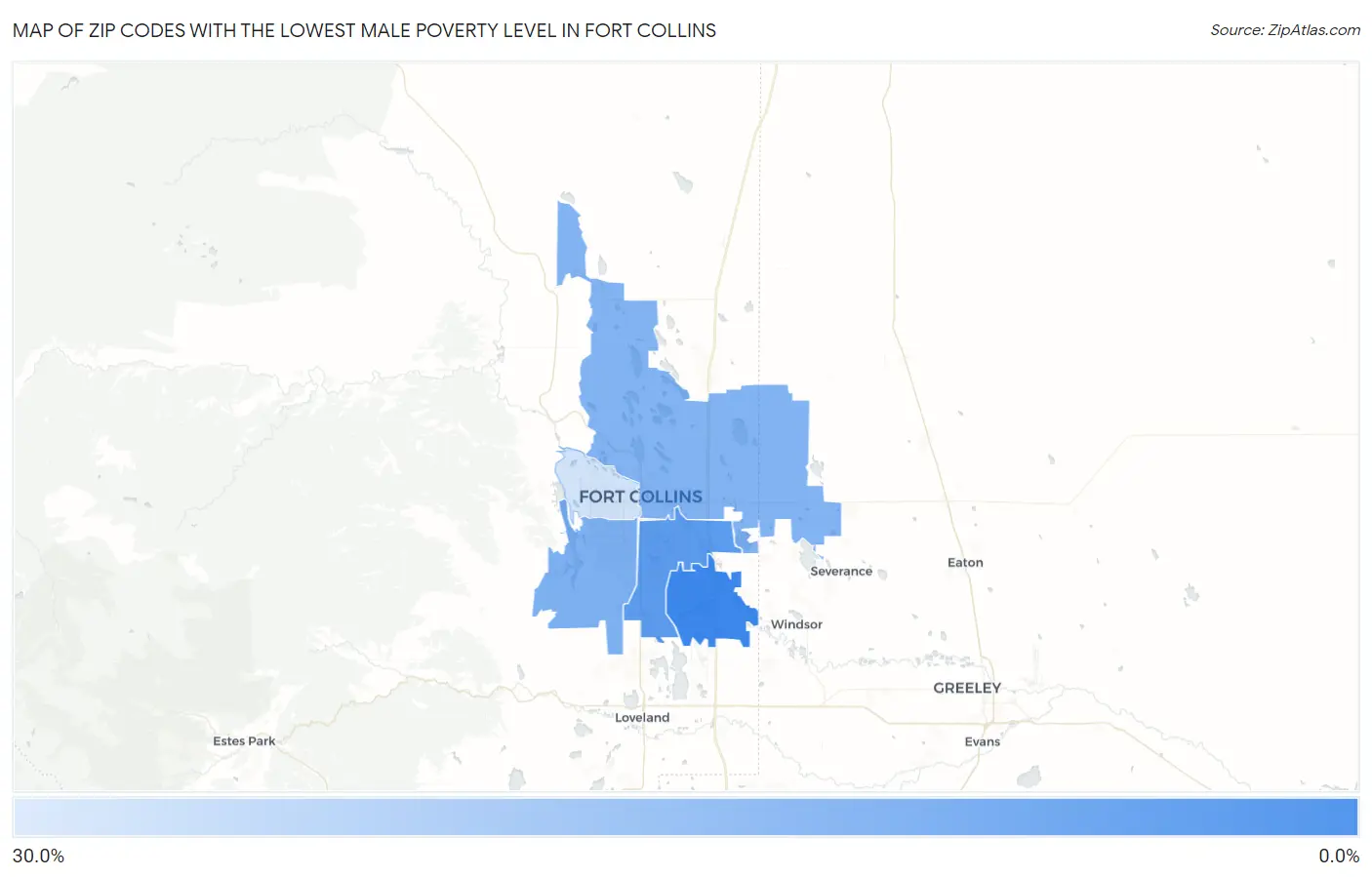 Zip Codes with the Lowest Male Poverty Level in Fort Collins Map