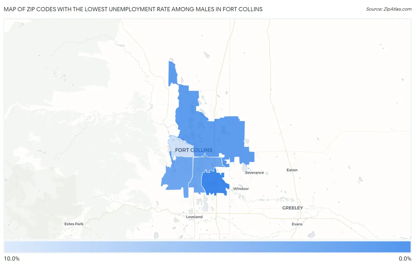 Zip Codes with the Lowest Unemployment Rate Among Males in Fort Collins Map