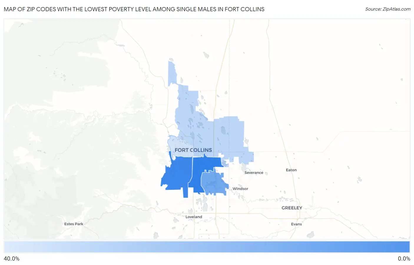 Zip Codes with the Lowest Poverty Level Among Single Males in Fort Collins Map